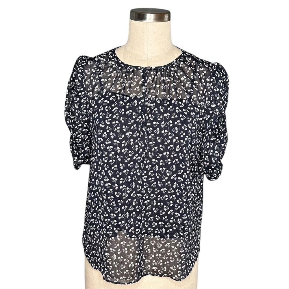 J. CREW Blue Floral Short‎ Sleeve Sheer Knit Blouse Tank Top Women's Size Small